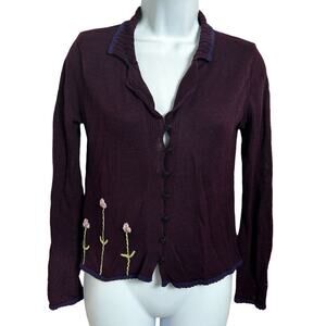 Cousin Johnny Embroidered Cardigan Sweater Sz Small Purple Applique Flowers65